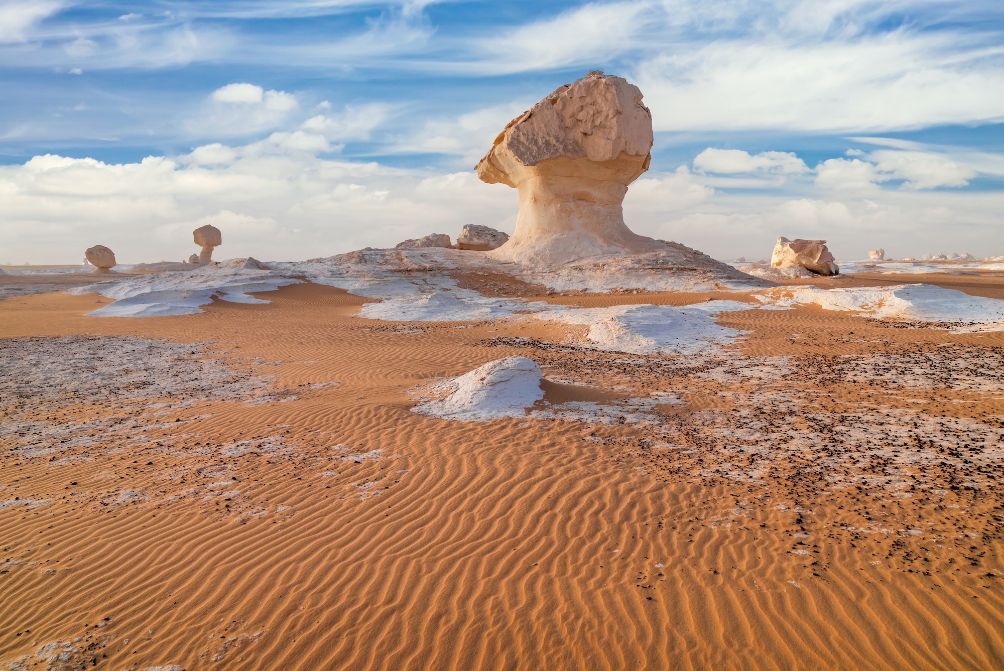 Chalk rocks in the White Desert at sunset. Egypt, Baharia