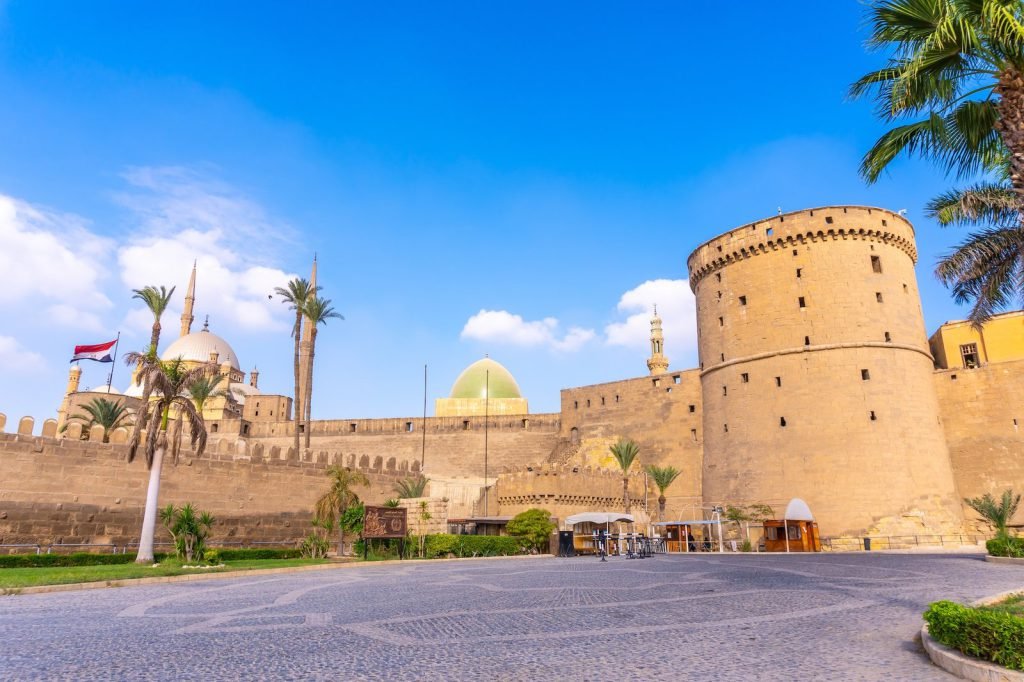 The towers and walls of the Cairo Citadel with the Mosque of Muhammad Ali behind