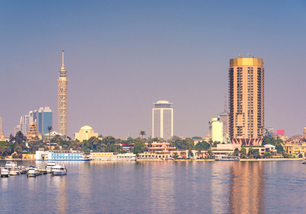 The Cairo Tower and riverside hotels seen across the Nile