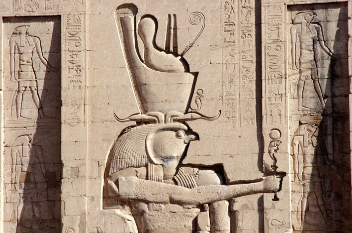 A relief of the falcon-headed god Horus wearing the double crown at Edfu