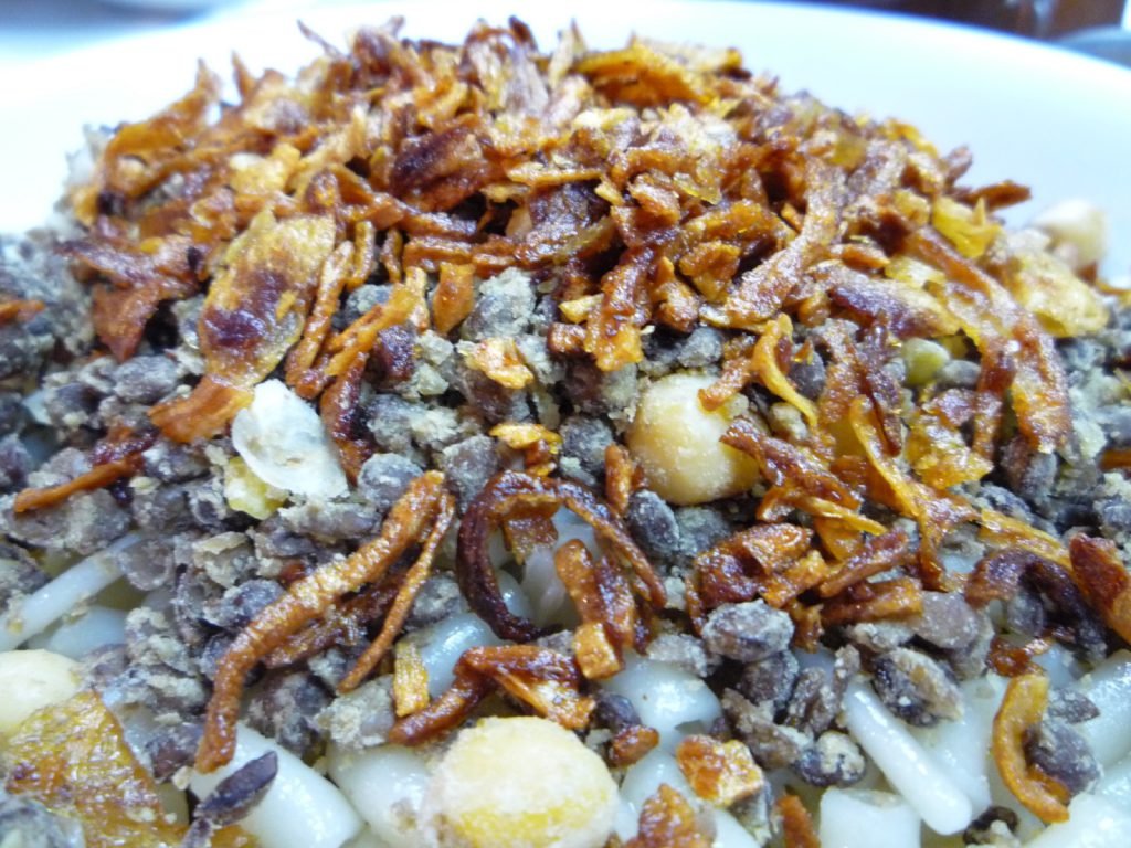 A plate of koshari topped with tomato sauce and crispy fried onions