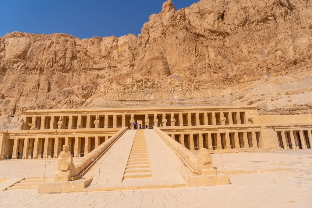 The ramp and terraces of the Temple of Hatshepsut below the cliffs