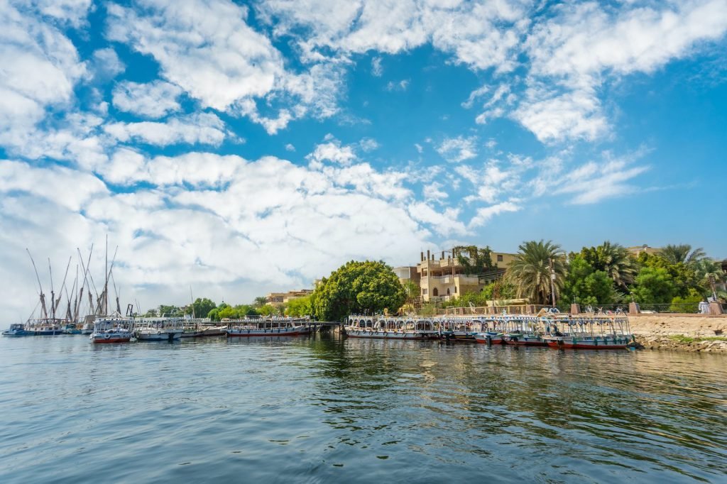Palm trees and moored boats on the Nile bank under a cloudy sky