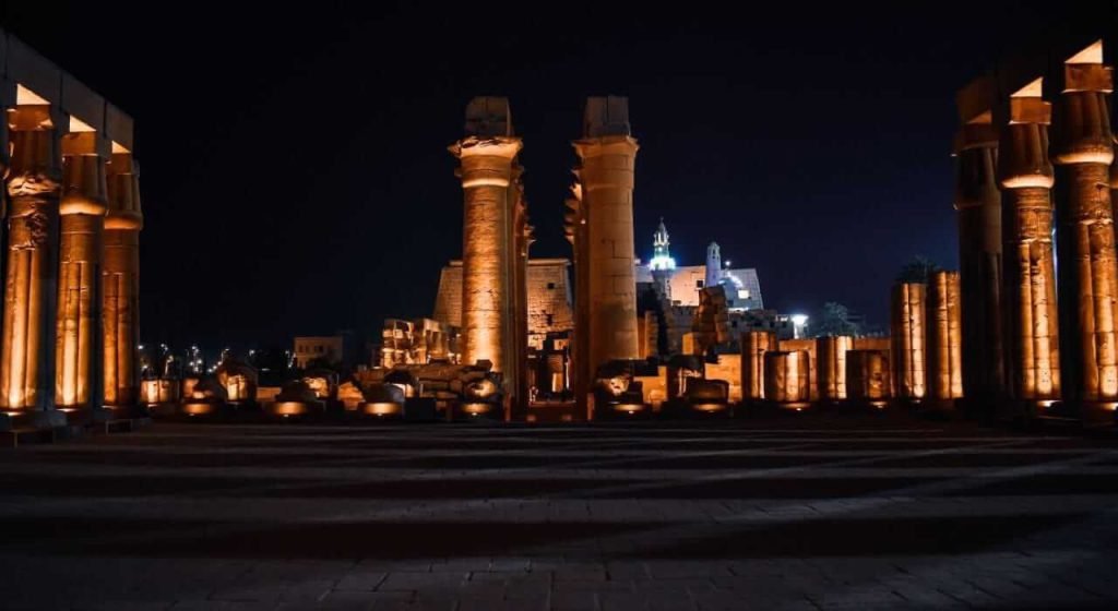 Luxor Temple lit up after dark