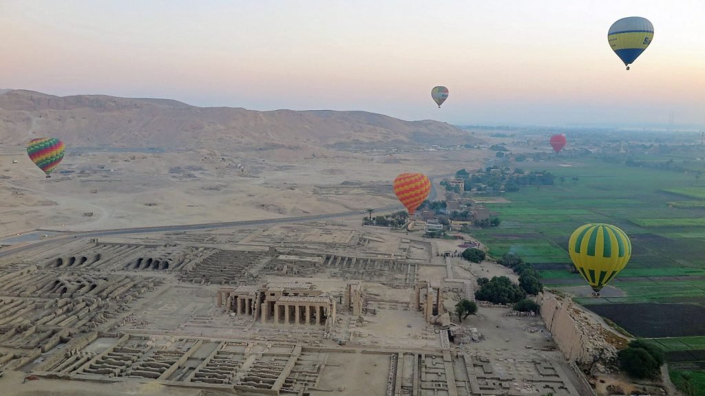 A West Bank temple and fields seen from a balloon over Luxor