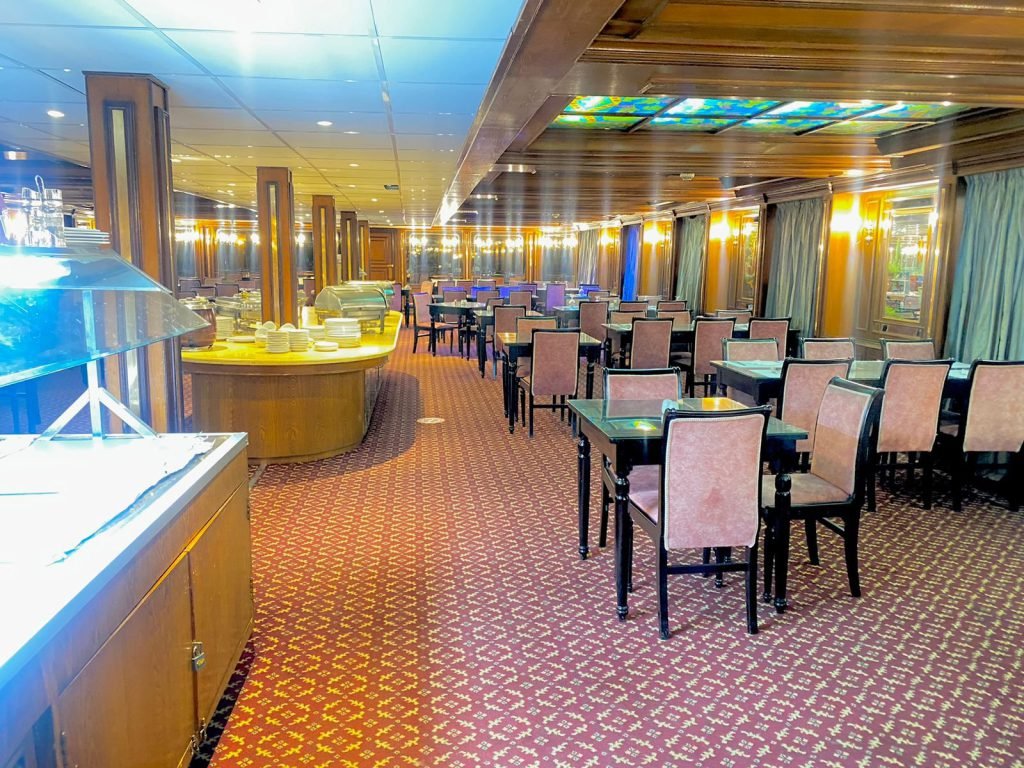 The buffet and tables in a Nile cruise ship restaurant