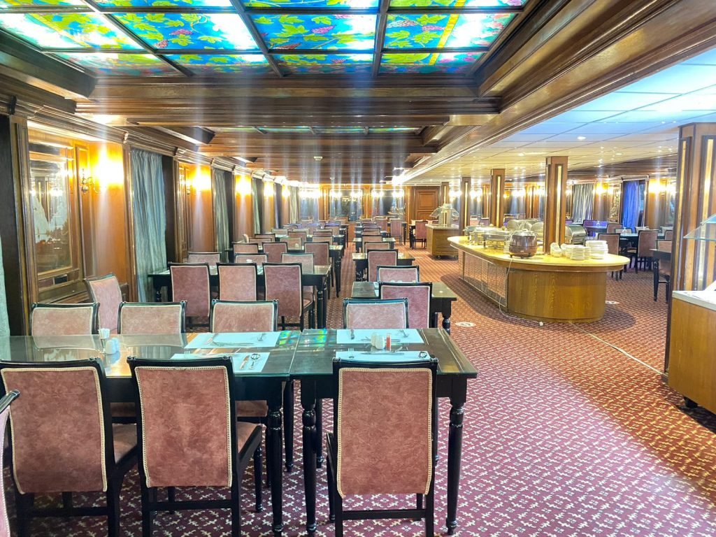 The dining room of a deluxe Nile cruise ship, where molokhia is often served