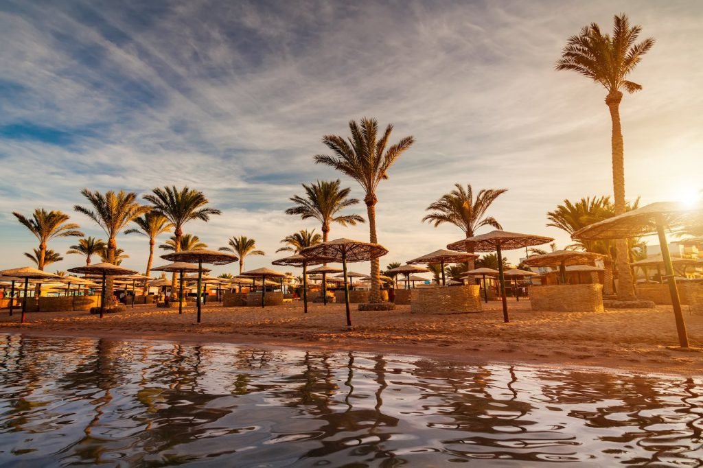 Tours from Hurghada – palm trees and beach umbrellas on a Hurghada beach at sunset